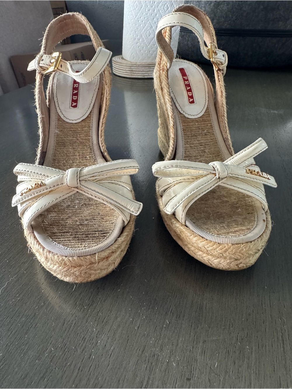 Prada White Leather Bow Espadrille Wedge Sandals